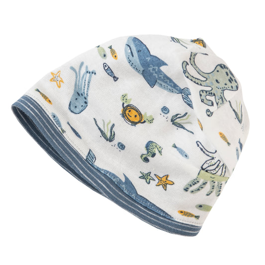 People WEAR ORGANIC Ocean Animals | Reversible Baby Beanie | GOTS Organic Cotton | Front | BeoVERDE Ireland