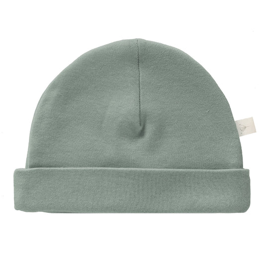 Fresk Dusty Green Baby Beanie Hat | GOTS Organic Cotton | Front | BeoVERDE Ireland
