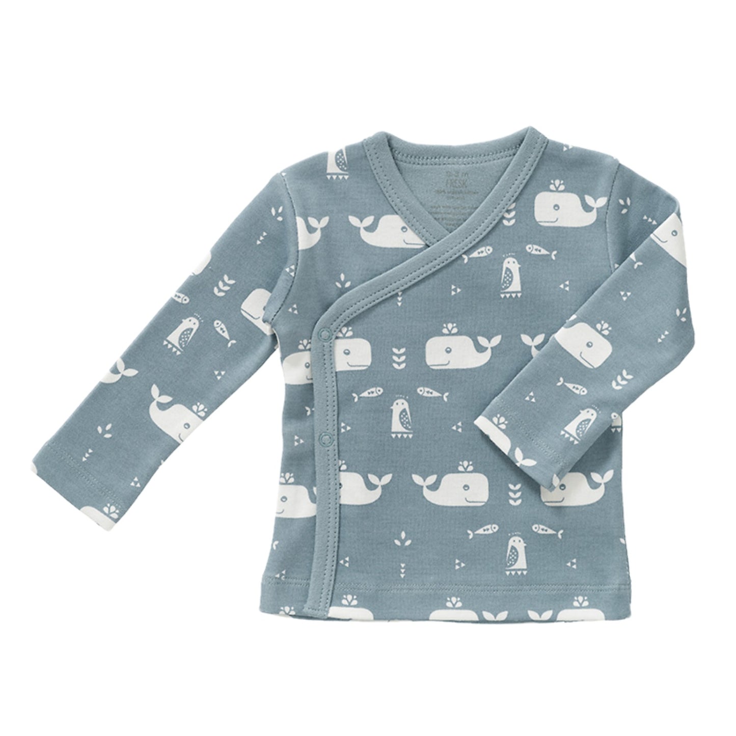 Fresk Whale Blue Fog | Long Sleeve Kimono Baby Top | GOTS Organic Cotton | Front | BeoVERDE Ireland