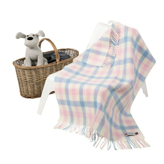 John Hanly Irish Wool Baby Blanket | White, Pink & Blue Border Block Check | 100% Pure Irish Wool Blanket | Front View | BeoVERDE Ireland