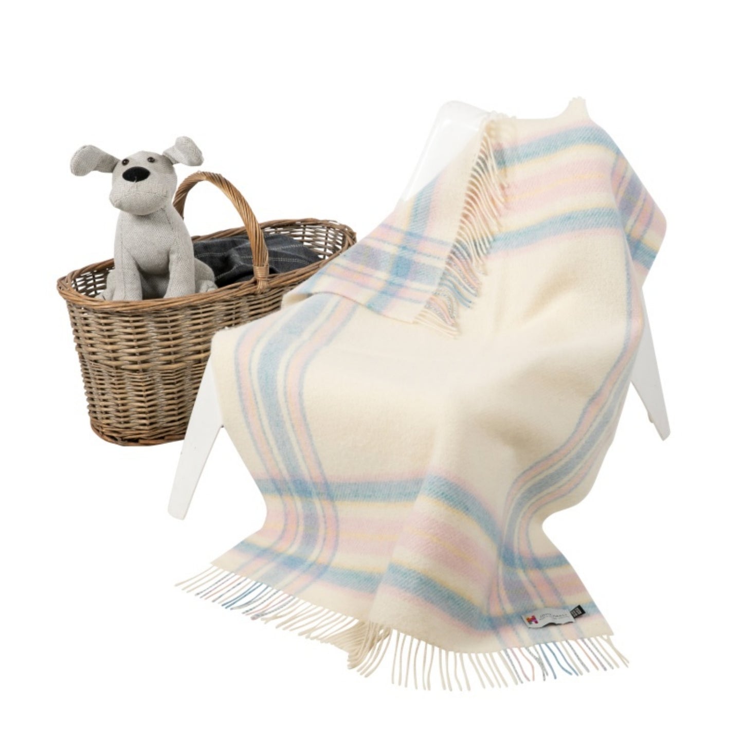 White, Pink & Blue Border Check Pattern | Baby Pure Wool Blanket | Made in Nenagh, Co. Tipperary