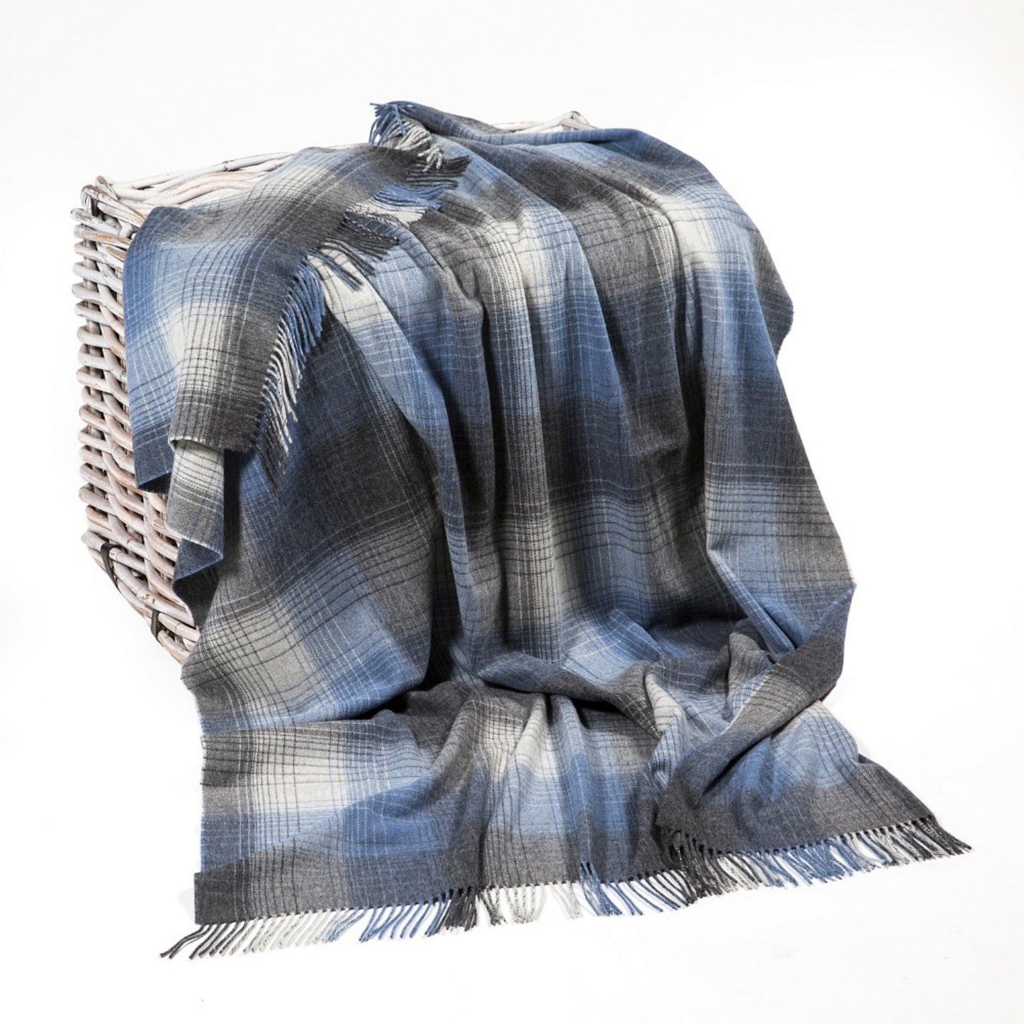 John Hanly Pure Lambswool Throw | Grey & Denim Check | 100% Pure Lambswool | Front View | BeoVERDE Ireland