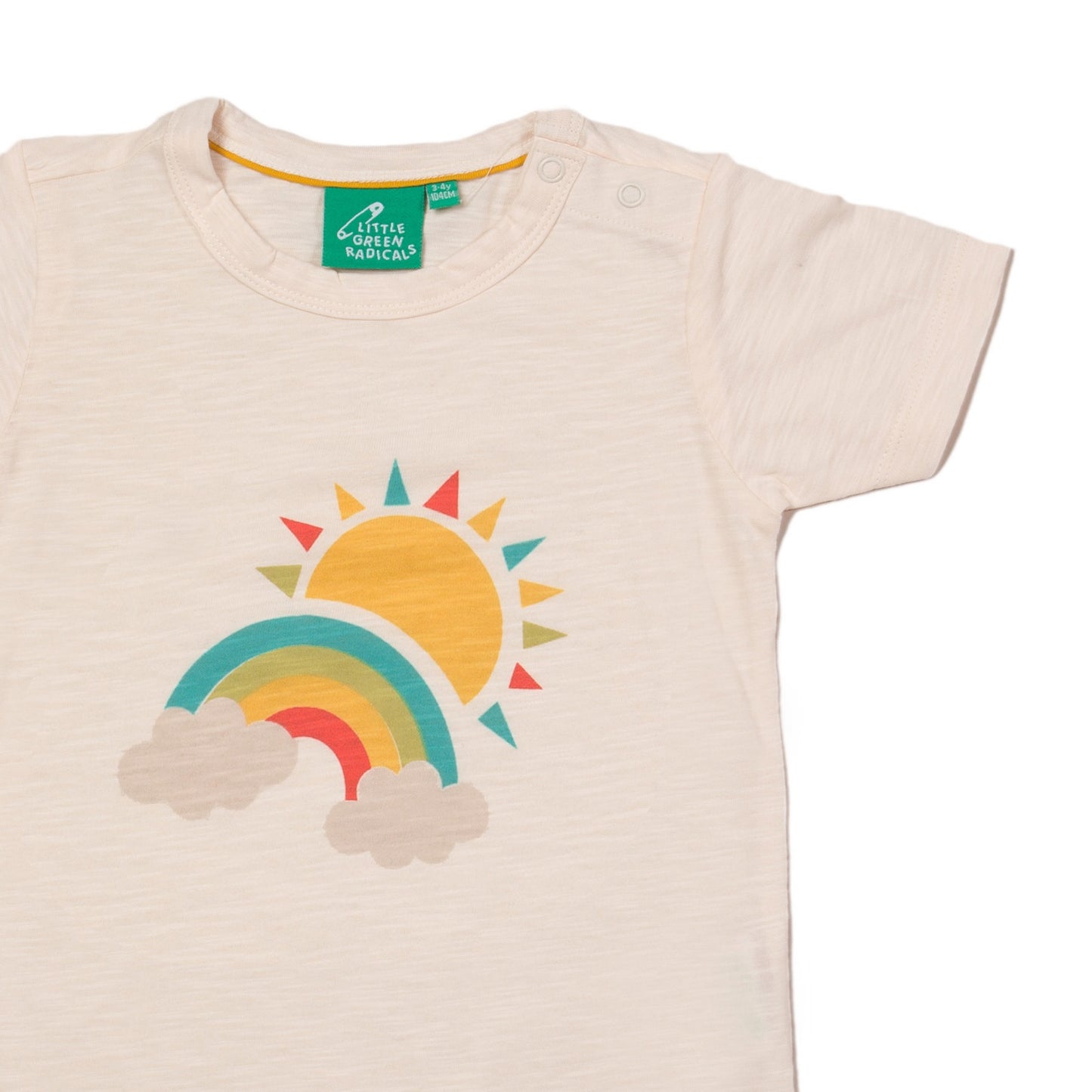 Little Green Radicals Sun And The Rainbow | Short Sleeve Baby T-Shirt | GOTS Organic Cotton | Front Close-up | BeoVERDE Ireland