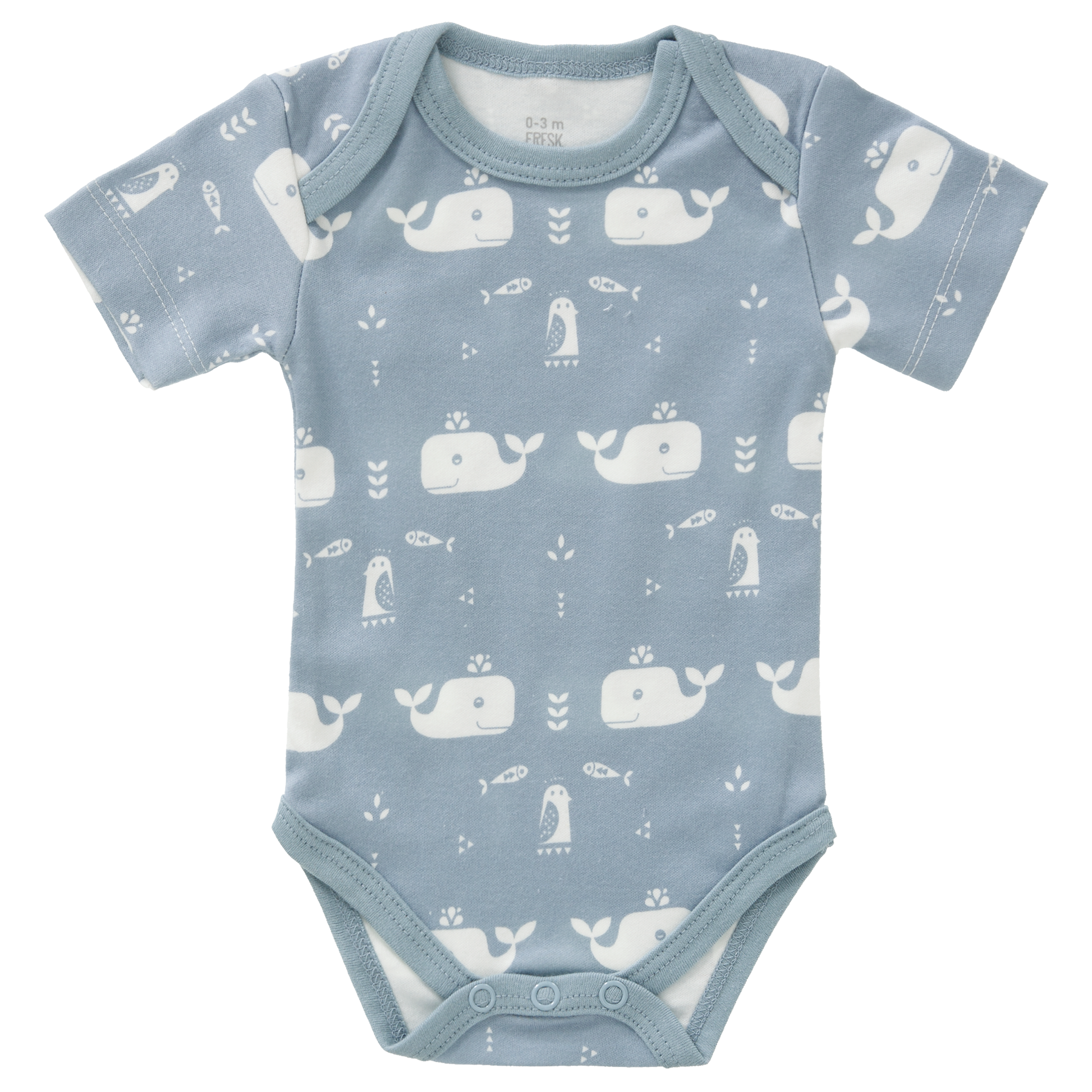 Fresk Whale Blue Fog | Short Sleeve Baby Body | GOTS Organic Cotton | Baby Bodysuit | Front | BeoVERDE Ireland