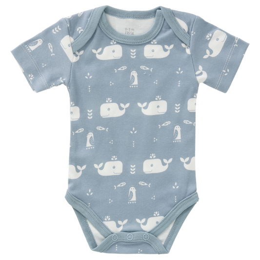 Fresk Whale Blue Fog | Short Sleeve Baby Body | GOTS Organic Cotton | Baby Bodysuit | Front | BeoVERDE Ireland