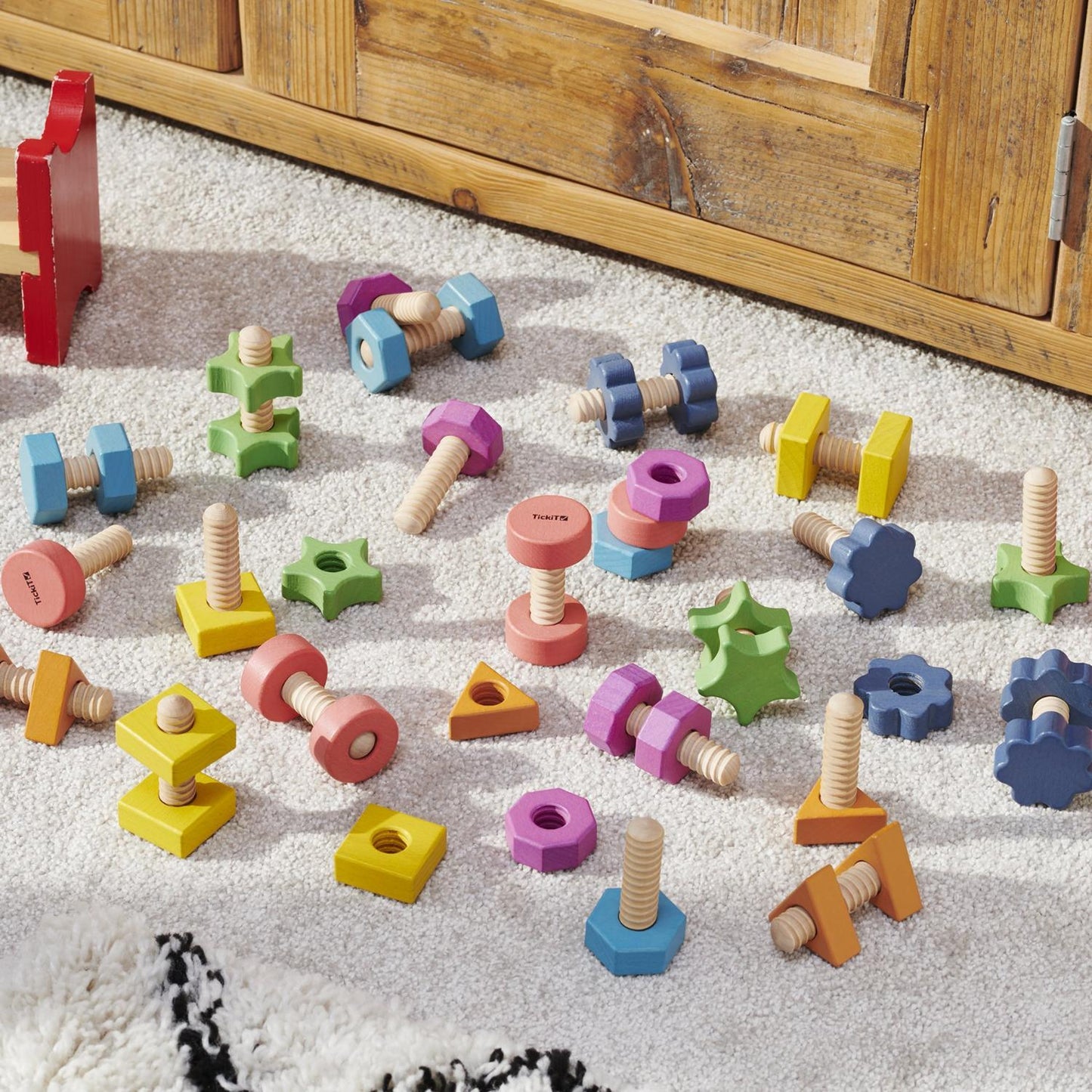 Rainbow Wooden Nuts & Bolts | Set of 21 Pieces | Wooden Loose Parts | Open-Ended Toys