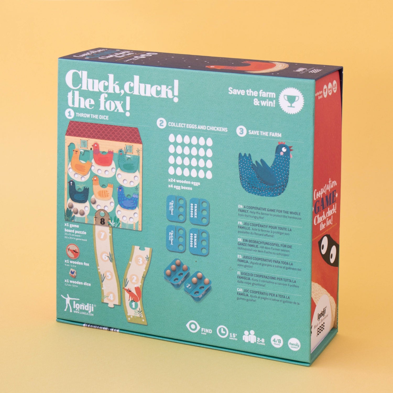 Londji CLUCK, CLUCK! THE FOX! Board Game | Board Game for Kids, Adults & the Whole Family | Box Back | BeoVERDE.ie
