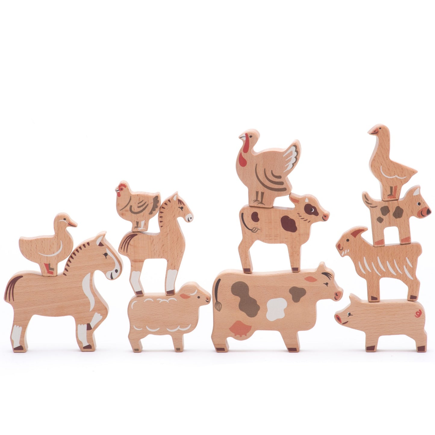 14 Natural Wooden Farm Animals | Hand-Crafted Wooden Toys | Bajo | Front View - Some Animals Stacked | BeoVERDE.ie