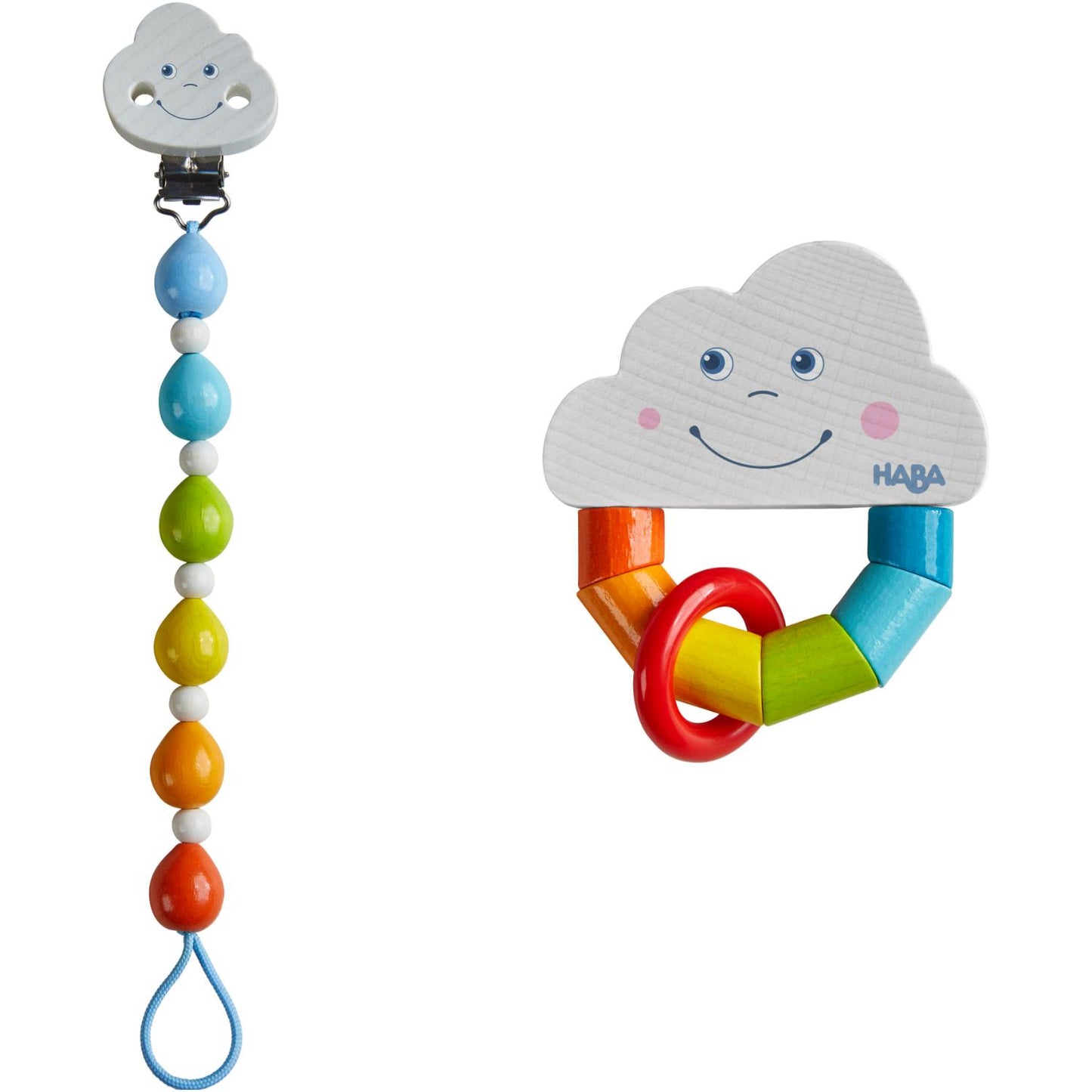 HABA Rainbow Dummy Clip + Rattle Gift Set | Baby’s First Wooden Toy | | Front View - Dummy Clip + Rattle | BeoVERDE.ie