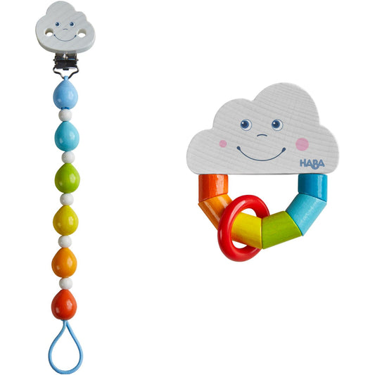 HABA Rainbow Dummy Clip + Rattle Gift Set | Baby’s First Wooden Toy | | Front View - Dummy Clip + Rattle | BeoVERDE.ie