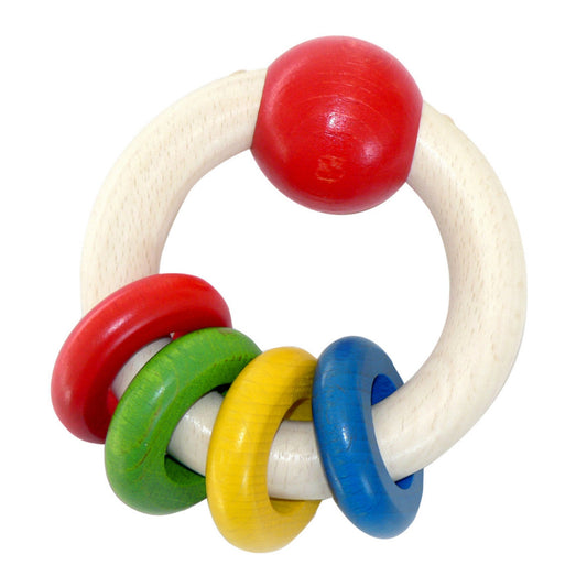 Large Wooden Bead Ring Rattle | 4 Spinning Rings | Baby’s First Wooden Toy