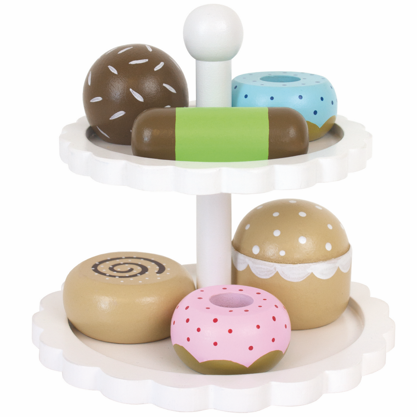 JaBaDaBaDo Cake Stand With 6 Delicious Cakes | Wooden Pretend Play Toys | Front View | BeoVERDE.ie