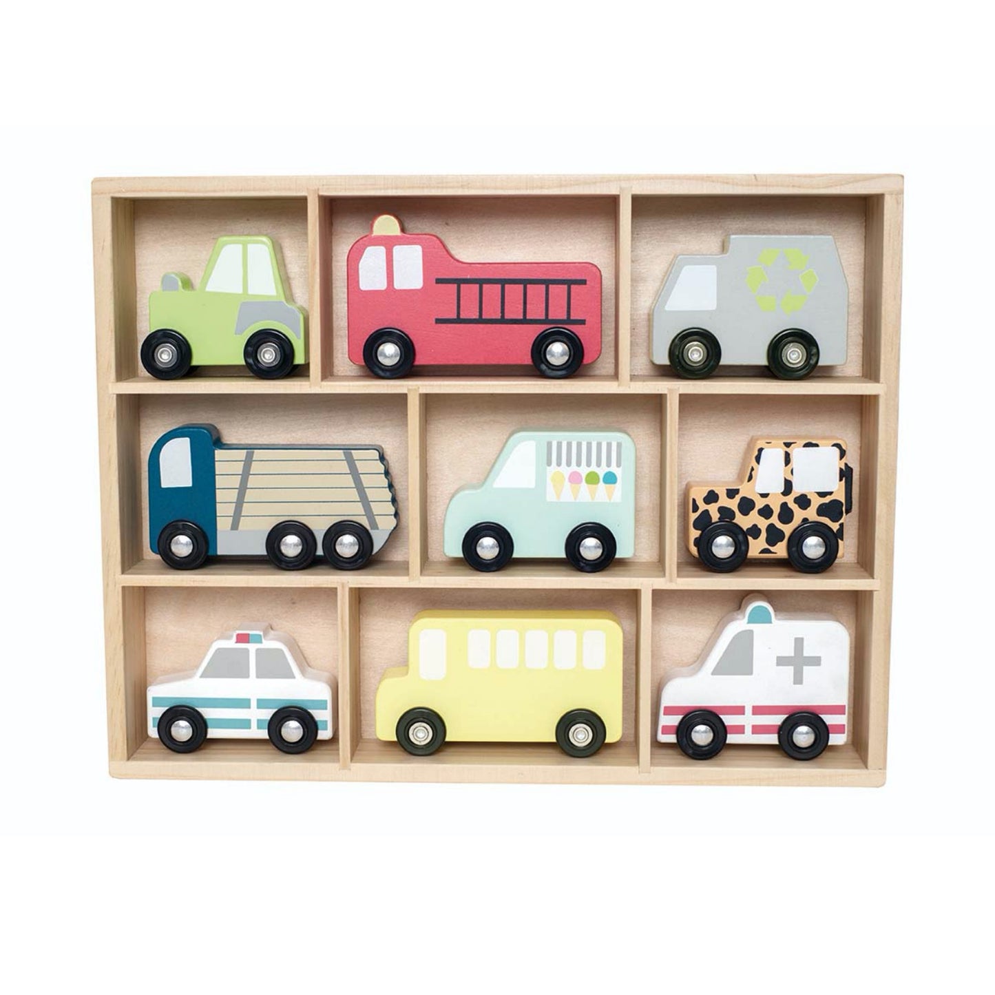 JaBaDaBaDo Wooden Cars Display Shelf With 9 Different Vehicles | Wooden Imaginative Play Toy | Front View | BeoVERDE.ie