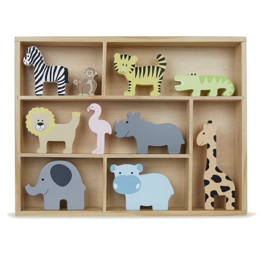 JaBaDaBaDo Wooden Animal Display Shelf With 9 Different Safari Animals | Wooden Imaginative Play Toy | Front View | BeoVERDE.ie