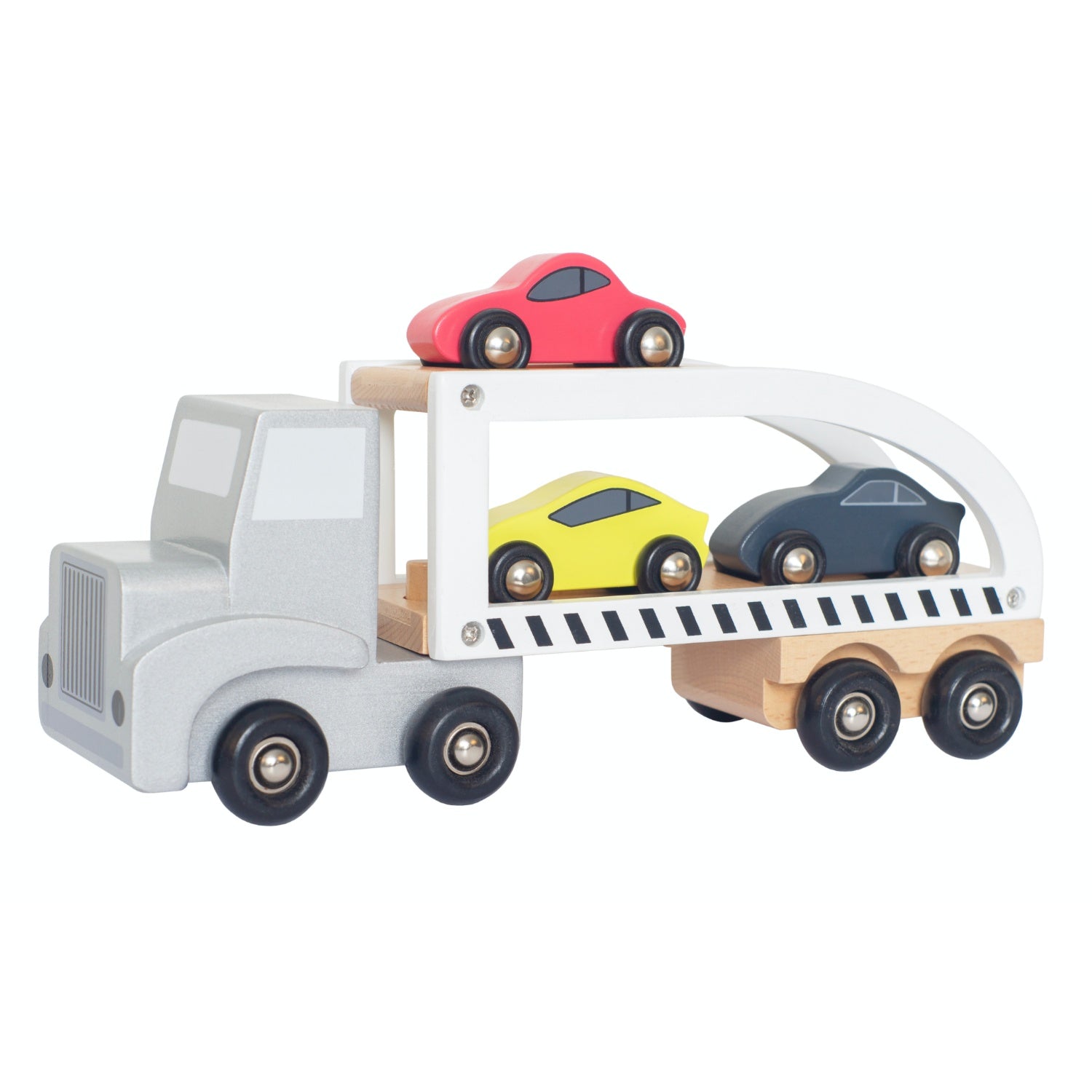 JaBaDaBaDo Car Transporter with 3 Sport Cars | Wooden Imaginative Play Toy | Side View  - Cars on Trailer | BeoVERDE.ie