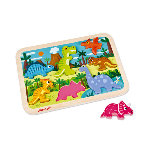 Janod Dinosaurs Puzzle With 7 Different Animals | Wooden Toddler Activity Toy | Front View | BeoVERDE.ie
