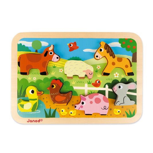 Janod Farm Puzzle With 7 Different Animals | Wooden Imaginative Play Toys | Front View | BeoVERDE.ie