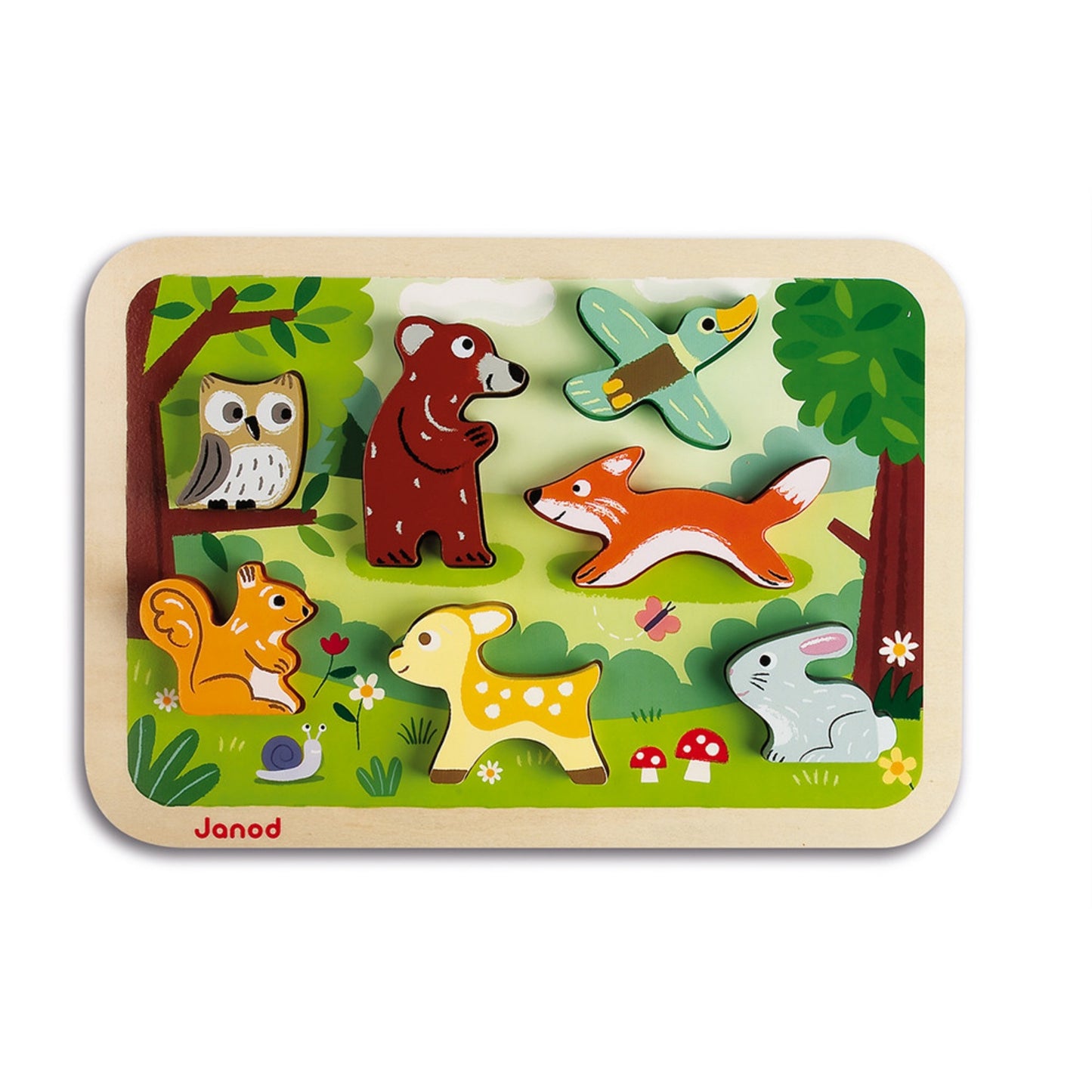 Janod Forest Puzzle With 7 Different Animals | Wooden Toddler Activity Toy | Front View | BeoVERDE.ie