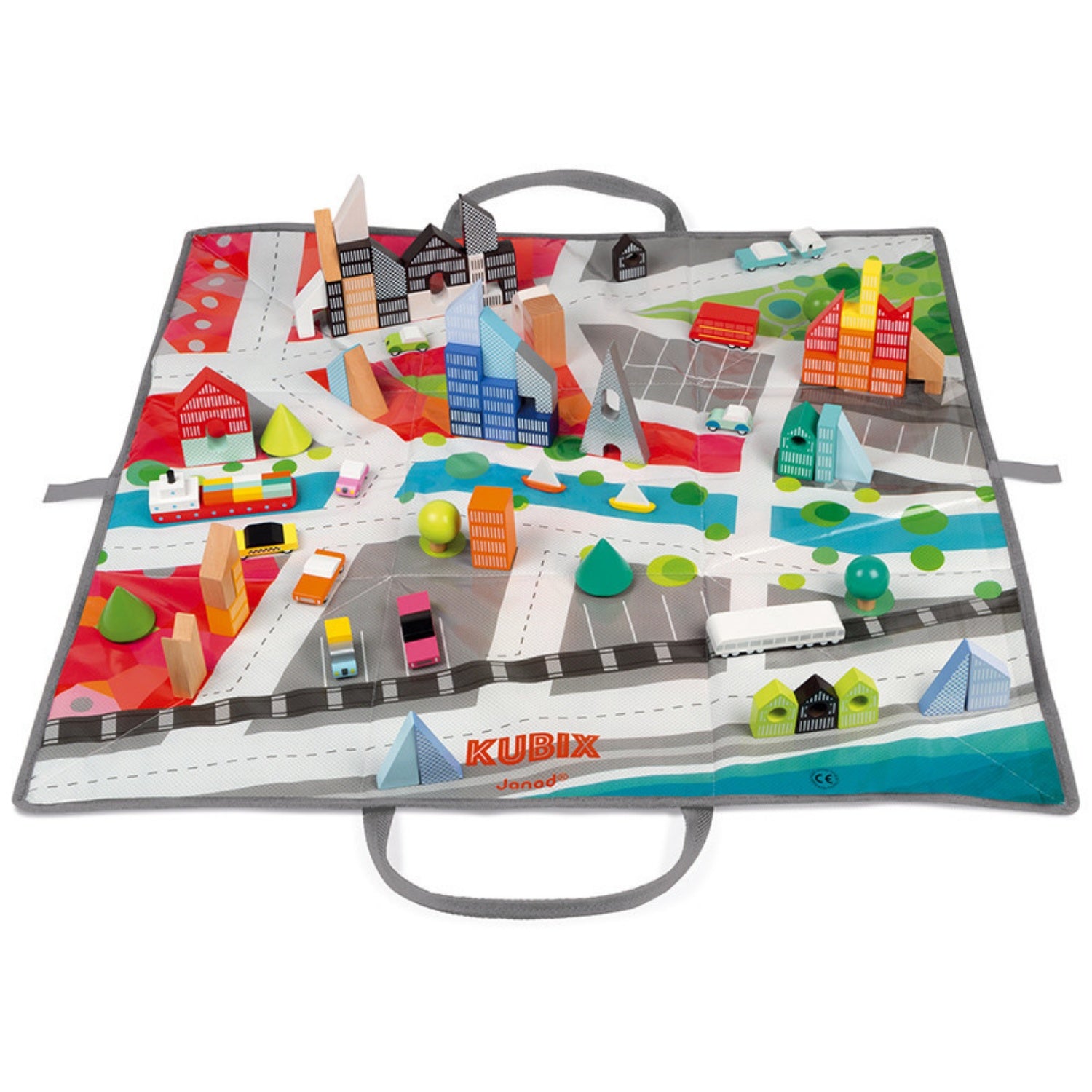 Janod Kubix 70 Archi Blocks | 70 Solid City-Themed Play Blocks & Mat | Front View | BeoVERDE.ie