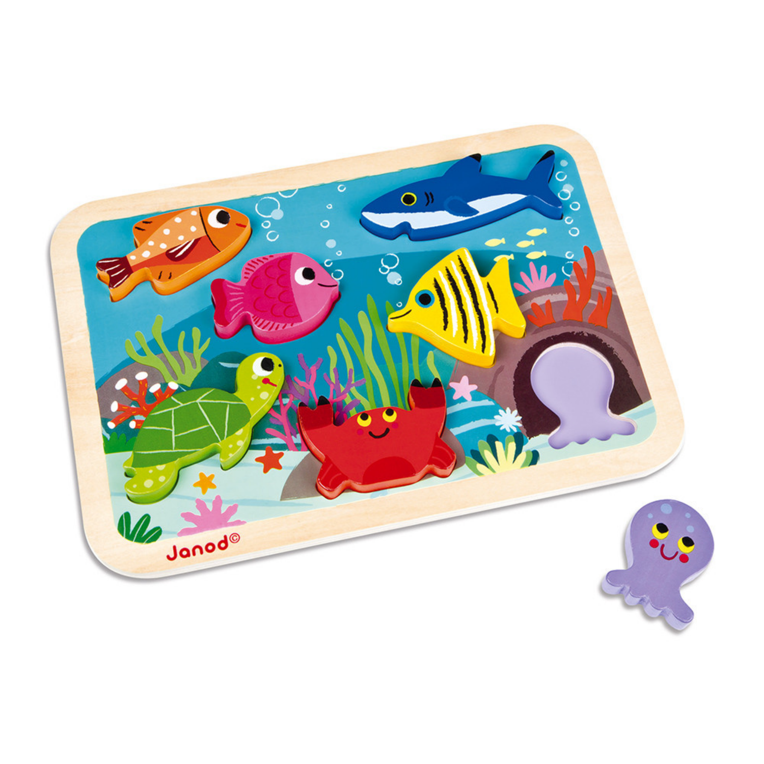 Janod Marine Life Puzzle With 7 Different Animals | Wooden Toddler Activity Toy | Front View | BeoVERDE.ie