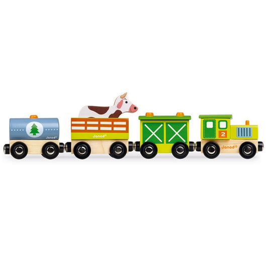 Janod Wooden Farm Steam Train with 3 Carriages | Imaginative Play Toys | Side View | BeoVERDE.ie