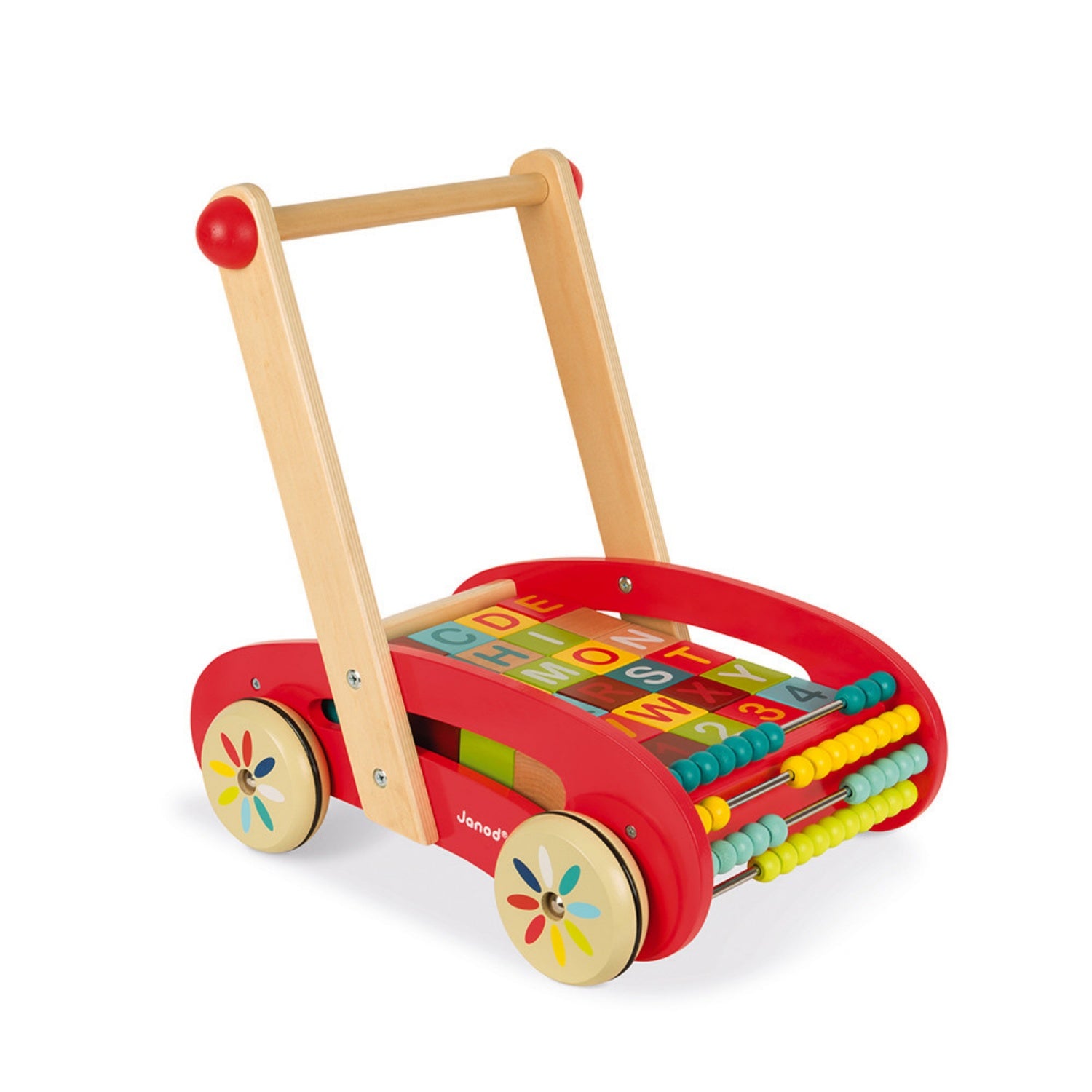 Janod Baby Walker With Wooden ABC Blocks | Wooden Push Along Trolley | Wooden Toddler Activity Toy | Front-Left Side View | BeoVERDE.ie