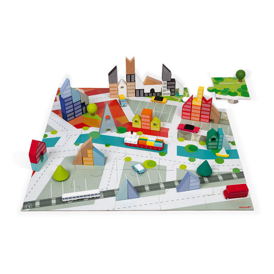 Janod Kubix City-Themed Wooden Blocks & Puzzle | Wooden Toy | Blocks on Mat | BeoVERDE.ie