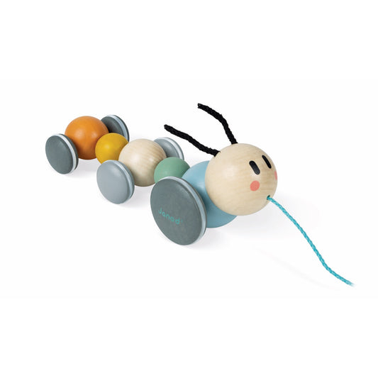 Janod Sweet Cocoon Pull-Along Caterpillar | Scandi Style Wooden Toddler Activity Toy | Front Right Side View | BeoVERDE.ie