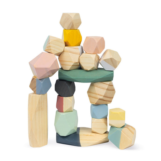 Janod Sweet Cocoon Stacking Stones | Scandi Style Wooden Toy | Front View Stones Stacked Up | BeoVERDE.ie