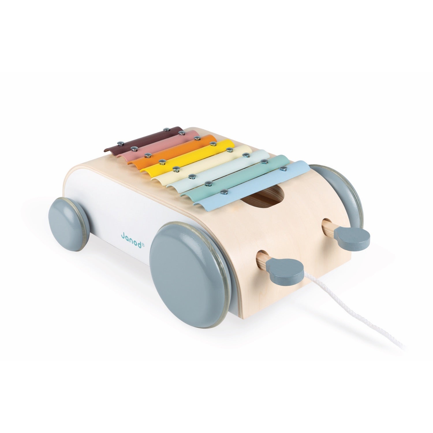 Janod Sweet Cocoon Xylo Roller | Scandi Style Wooden Toddler Activity Toy | Front Right Side View | BeoVERDE.ie