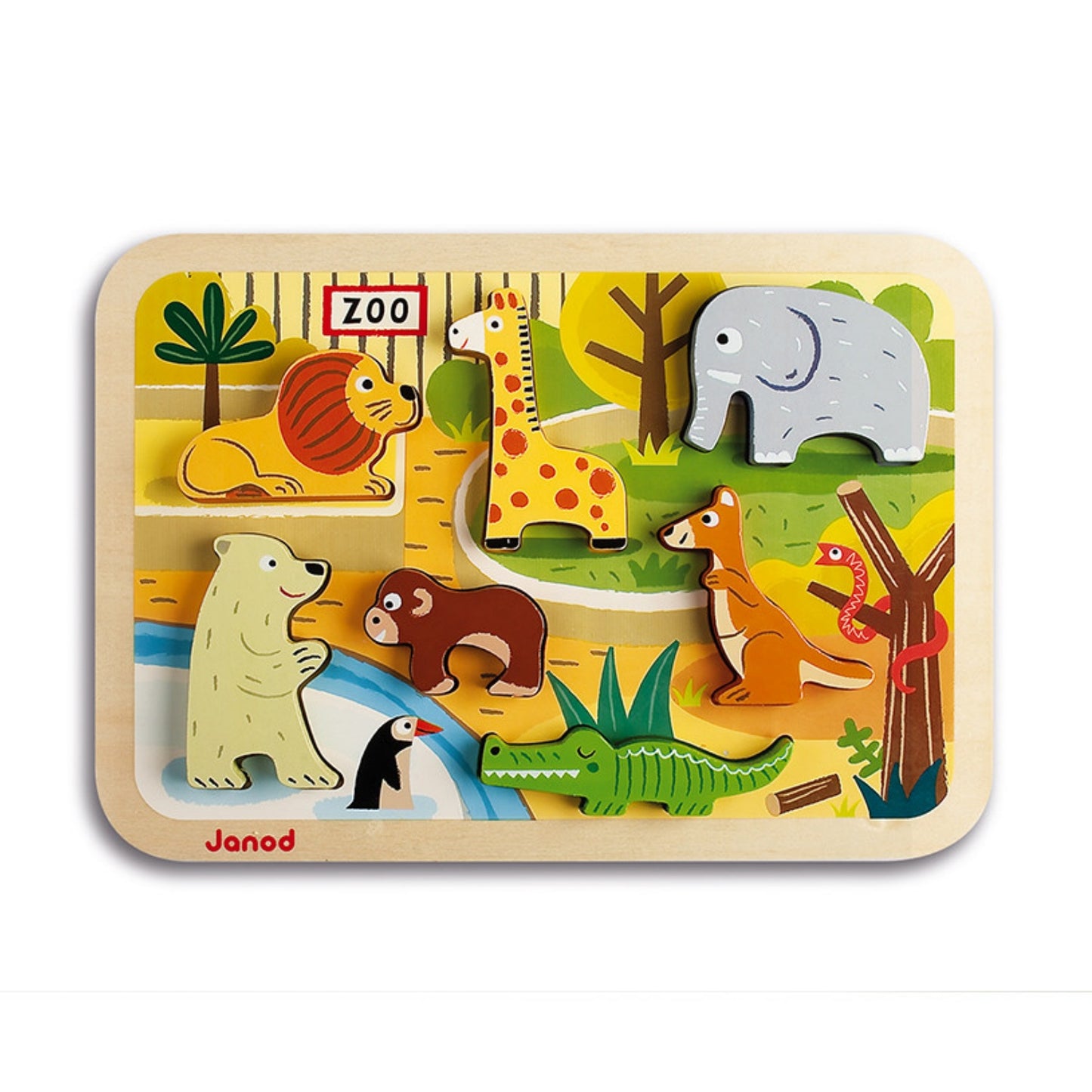 Janod Zoo Puzzle With 7 Different Animals | Wooden Toddler Activity Toy | Front View | BeoVERDE.ie