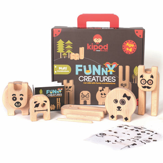 Kipod Toys Funny Creatures | Creative Wooden Toy Play Set | Wooden Assembly Puzzle & Game | Front View – Figures Assembled | BeoVERDE.ie