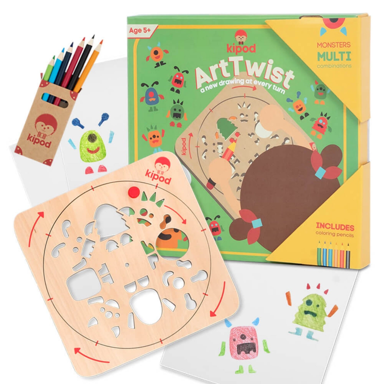 Monsters - Rotating Wooden Drawing Stencil Kit for Children | Kipod Toys | Wooden Arts & Crafts Kit | Educational Wooden Toy | Front View | BeoVERDE.ie