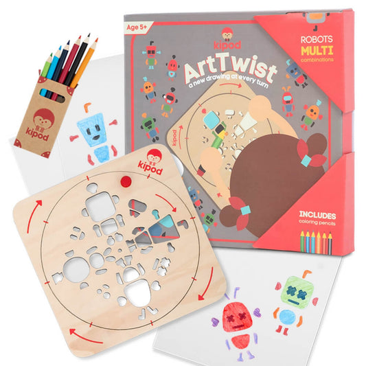 Robots - Rotating Wooden Drawing Stencil Kit for Children | Kipod Toys | Wooden Arts & Crafts Kit | Educational Wooden Toy | Front View | BeoVERDE.ie