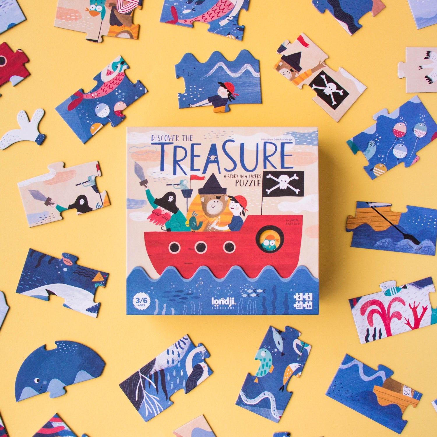 Londji DISCOVER THE TREASURE Jigsaw Puzzle | Perfect Jigsaw Puzzle for Kids 3 Years and Older | Front View – Box with Puzzle Pieces | BeoVERDE.ie