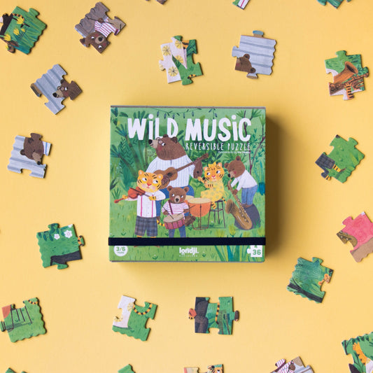 Londji WILD MUSIC Reversible Jigsaw Puzzle | Perfect Jigsaw Puzzle for Kids 3 Years and Older | Front View – Box with Puzzle Pieces | BeoVERDE.ie