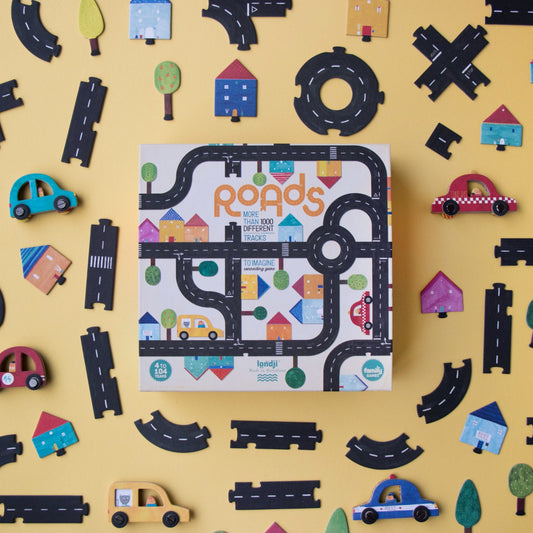 Londji ROADS Board Game | Board Game for Kids and the Whole Family | Front View – Box with Pieces Around | BeoVERDE.ie