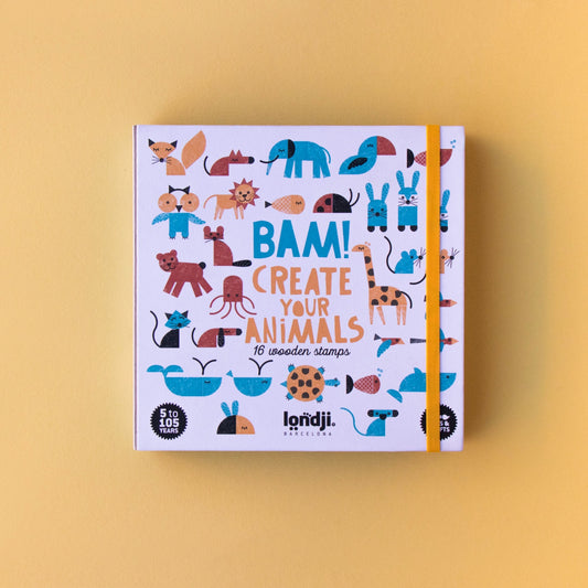 Londji BAM! ANIMALS Stamp Set | Creativity Stamp Set for Kids | Front View – Closed Box | BeoVERDE.ie