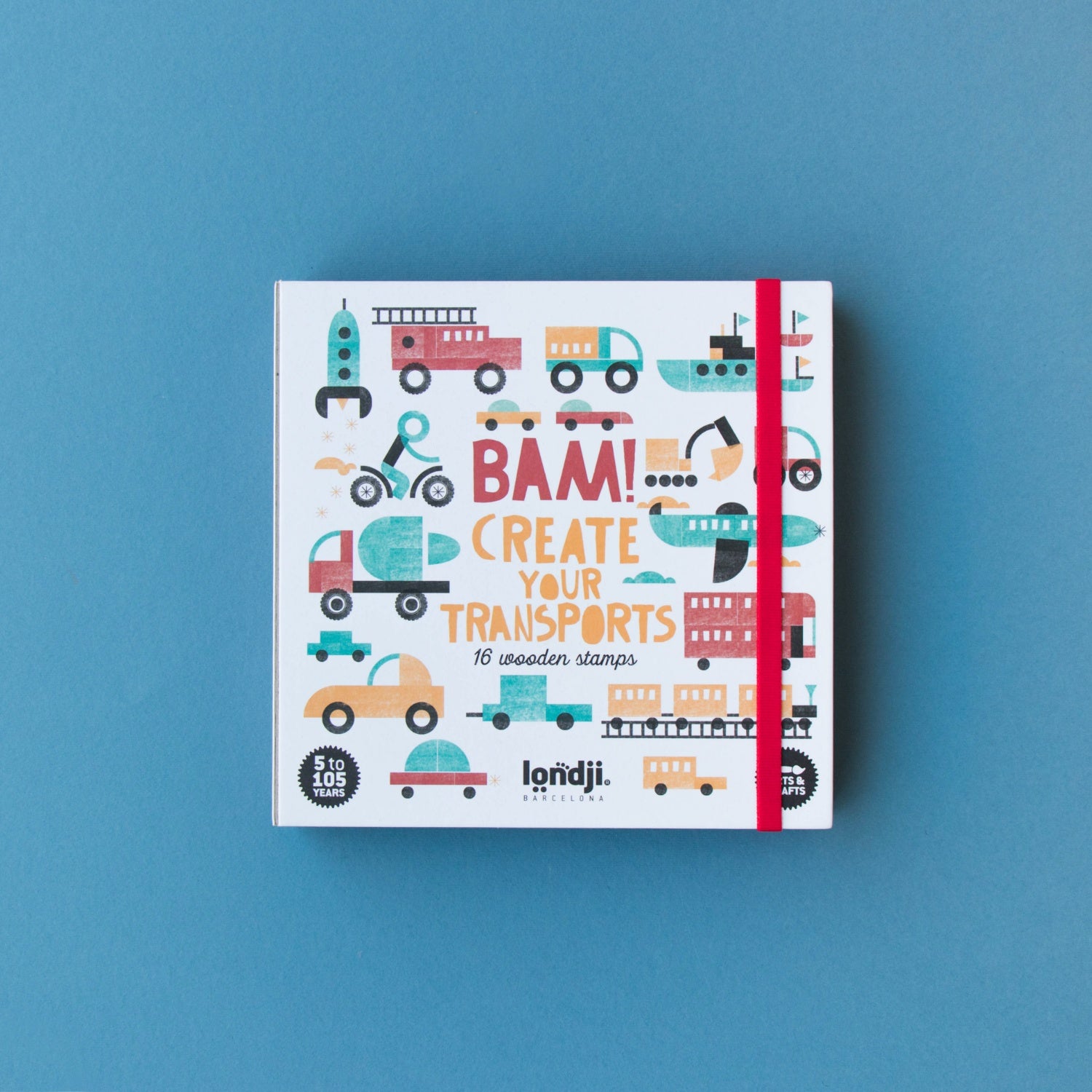 Londji BAM! TRANSPORTS Stamp Set | Creativity Vehicle Stamp Set for Kids | Front View – Closed Box | BeoVERDE.ie