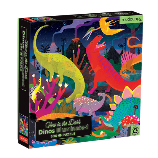 Mudpuppy Dinosaurs Illuminated | 500 Piece Glow-In-The-Dark Family Jigsaw Puzzle | Box | BeoVERDE.ie