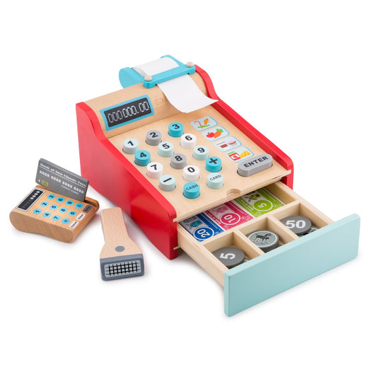 New Classic Toys Cash Register | Role Play Wooden Toy for Kids | Front-Side View | BeoVERDE.ie