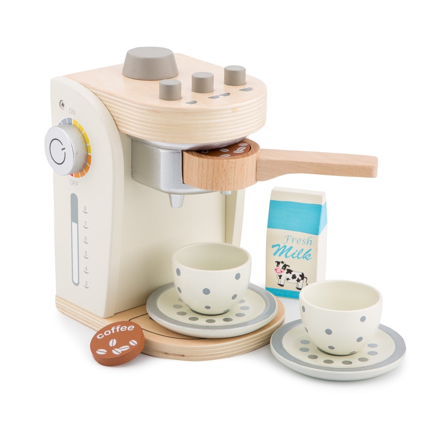New Classic Wooden Coffee Machine Set | Pretend Play Kitchen Toys | Front View | BeoVERDE.ie