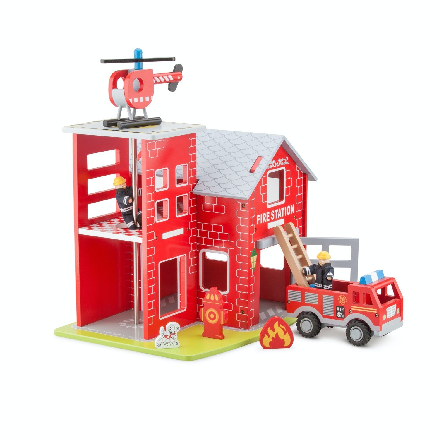 New Classic Wooden Toy Fire Station Play Set | Imaginative Play Toys | Front View | BeoVERDE.ie