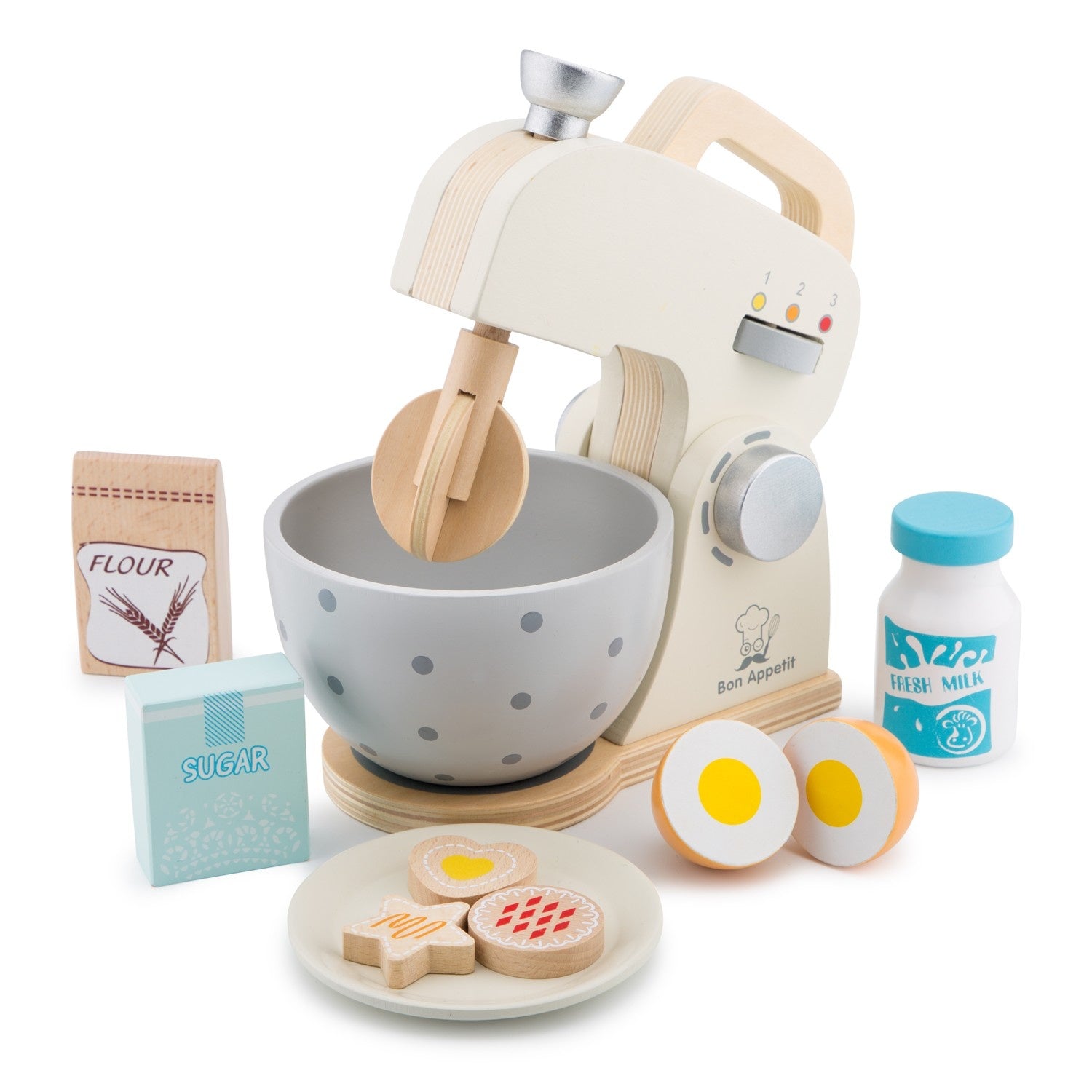 New Classic Wooden Mixer Set | Pretend Play Kitchen Toys | Front-Side View | BeoVERDE.ie