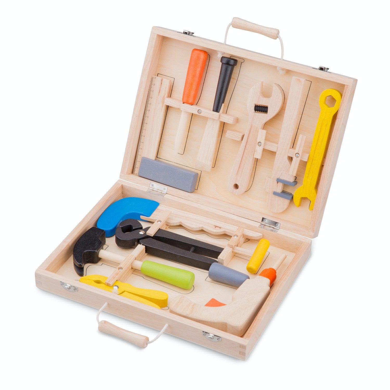 New Classic Toys Wooden Toy Tool Box with Carry Case | Pretend Play Wooden Tool Set | Front View - Box Open | BeoVERDE.ie