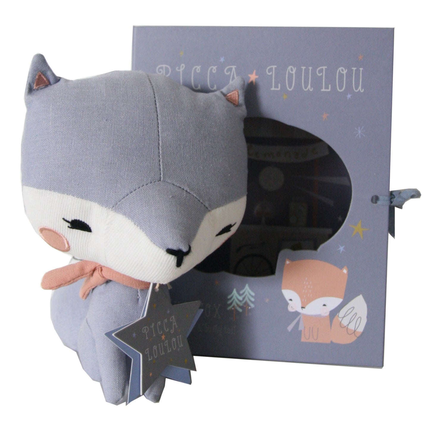Picca LouLou Fox Beau Blue in Gift Box | Imaginative Play Toy | Hand-Crafted Soft Toy Made From Cotton | Fox Outside Box | BeoVERDE.ie