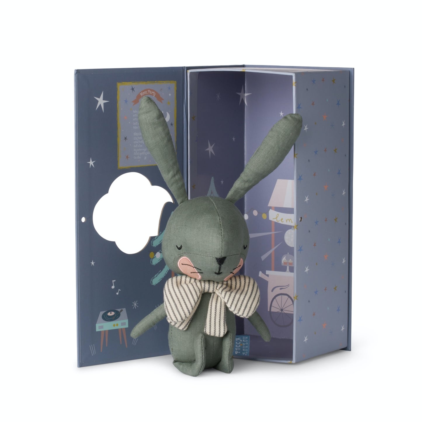 Rabbit Laurel Green in Gift Box | Imaginative Play Toy | Hand-Crafted Soft Toy Made From Cotton | Rabbit & Open Box | BeoVERDE.ie