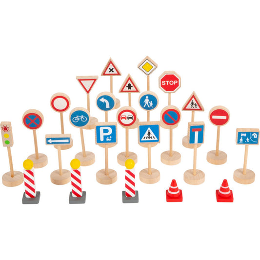 Small Foot Wooden Toy Road Signs 25 Pieces | Wooden Toys for Kids | Front View – All Road Signs | BeoVERDE.ie