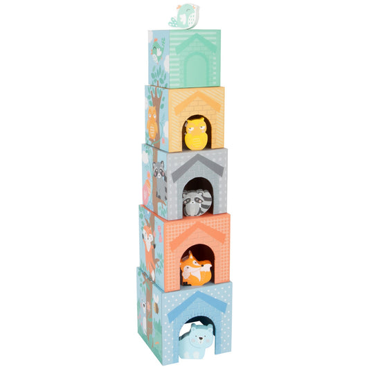 Small Foot Stacking Cubes With 5 Forest Animals | Wooden Imaginative Play Toy | Tower - Door View with Wooden Animals | BeoVERDE.ie