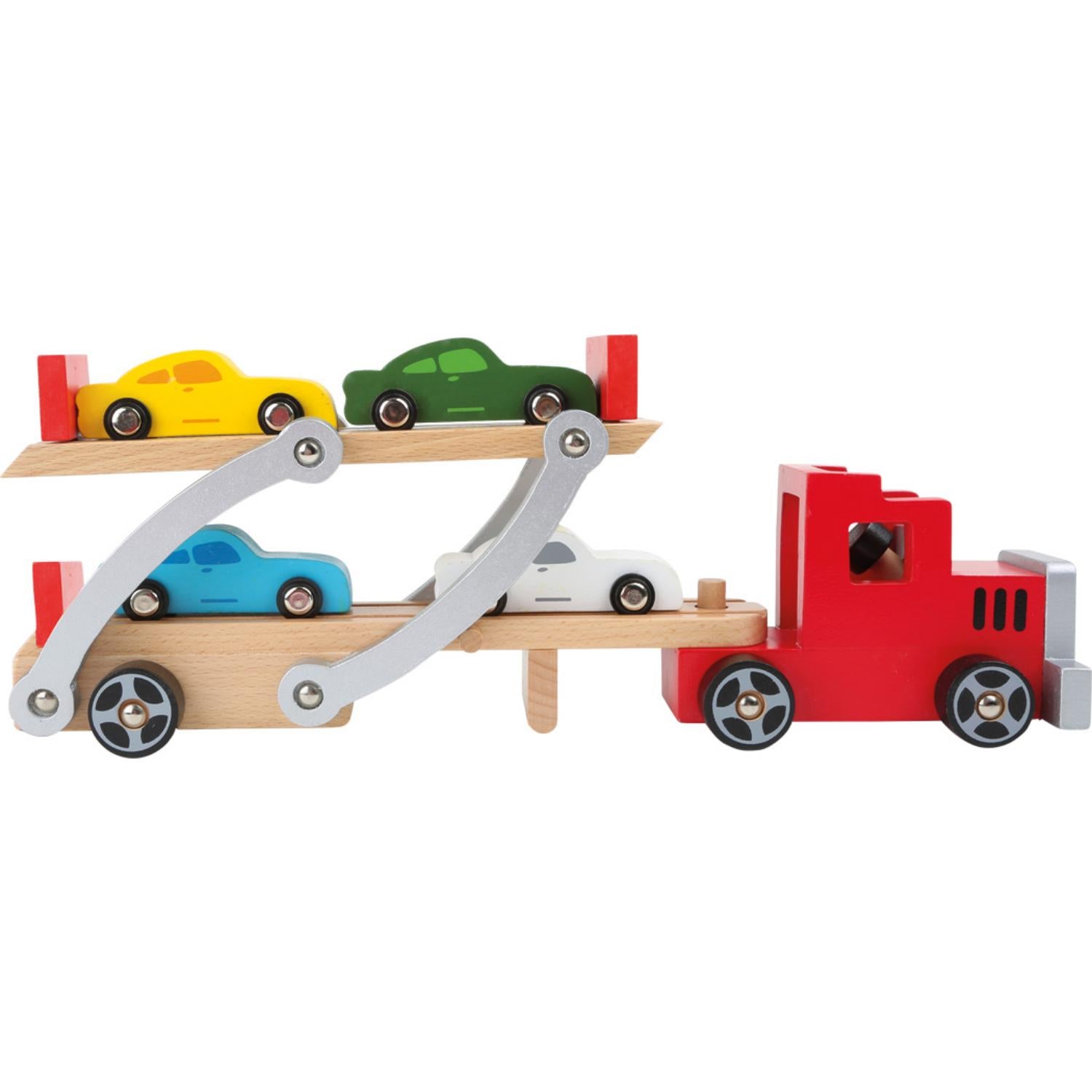 Small Foot Car Transporter with 4 Cars | Wooden Pretend Play Toy for Kids | Side View | BeoVERDE.ie
